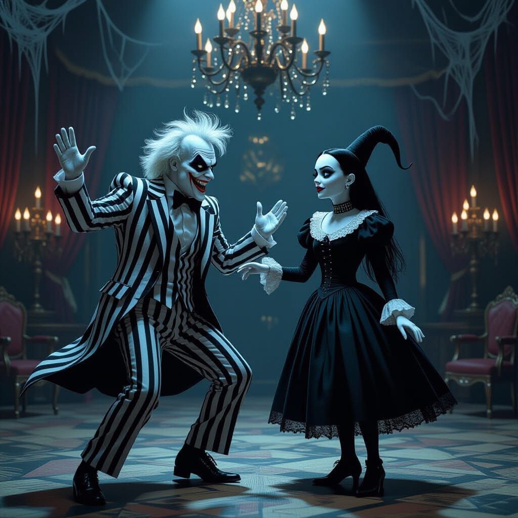 Beetlejuice Dances with Wednesday Addams in Gothic Ballroom