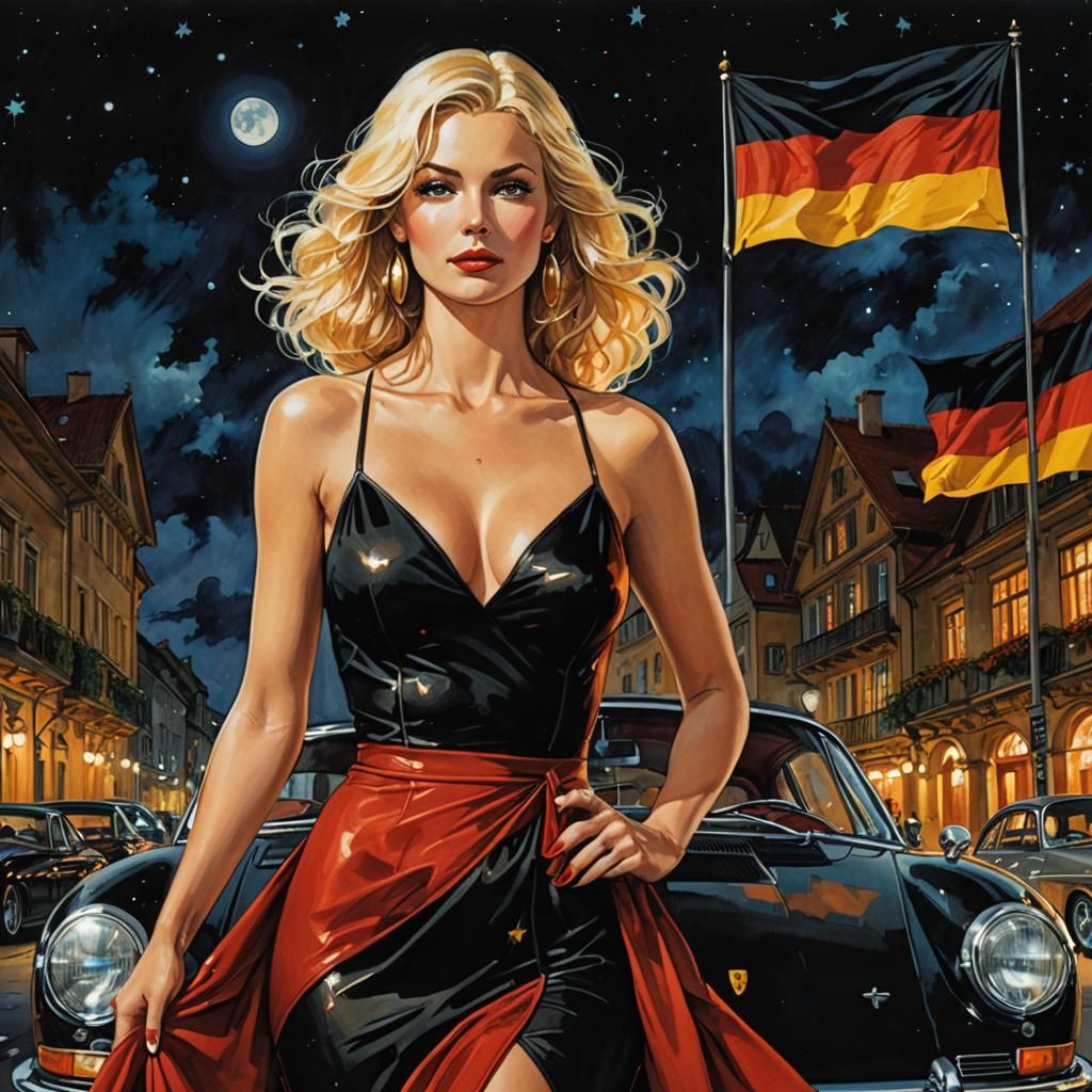 Stunning Woman in Red and Black with Porsche