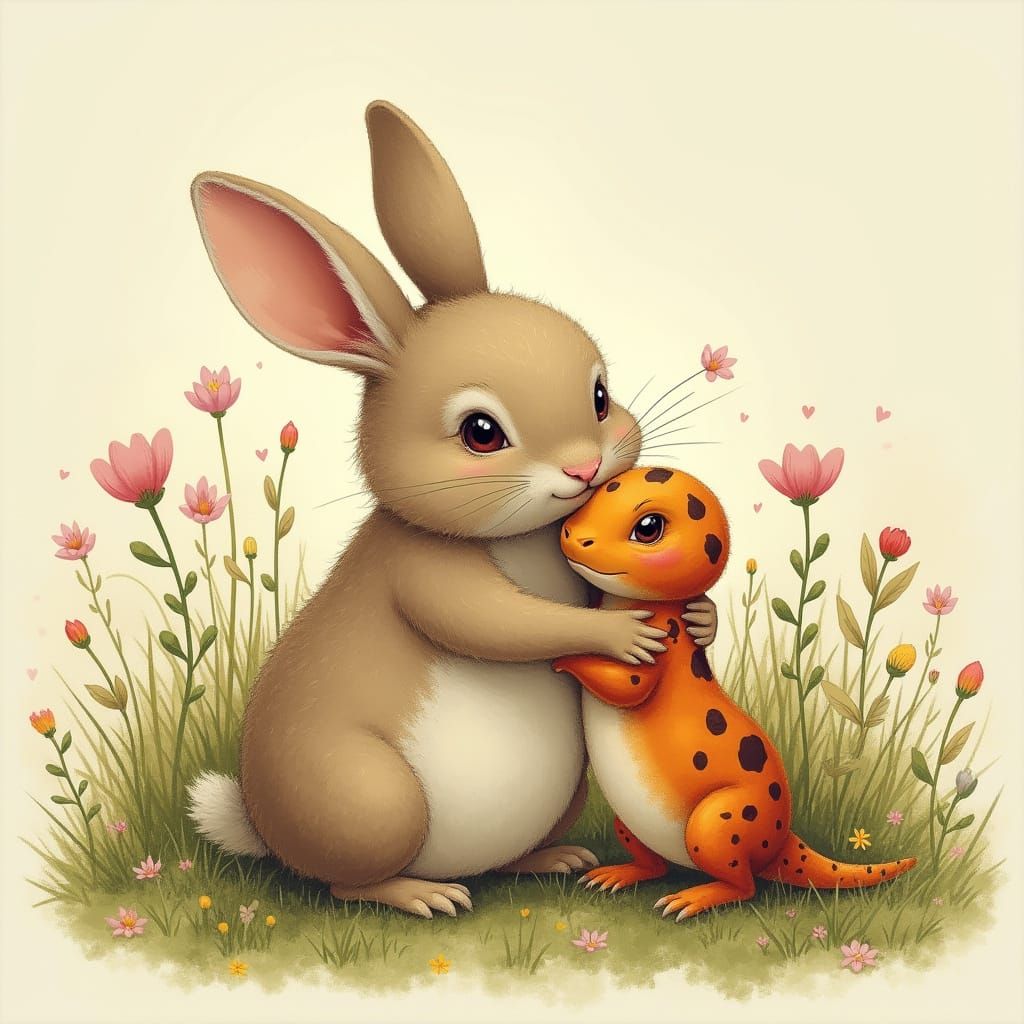 Rabbit Hugging Salamander in Dreamy Style