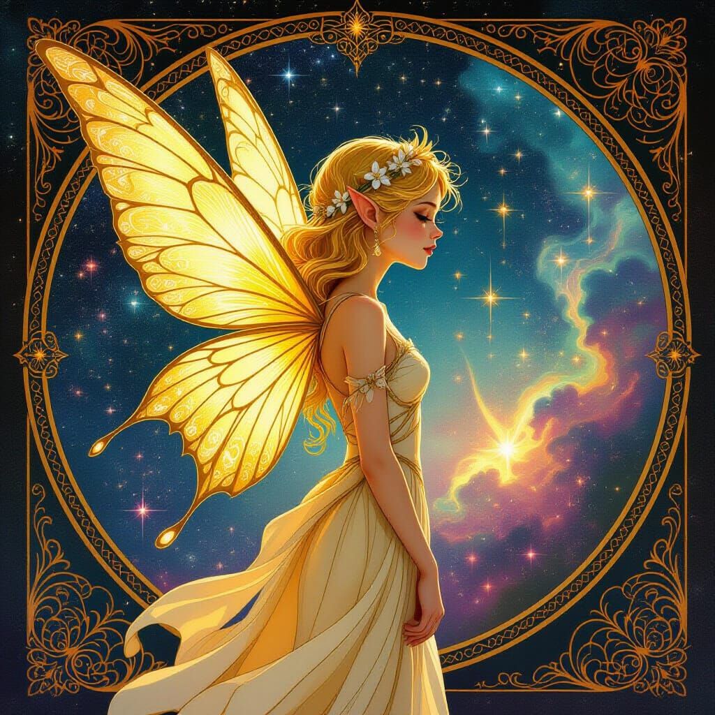 Golden Fairy in Psychedelic Star Field, Art Nouveau Style