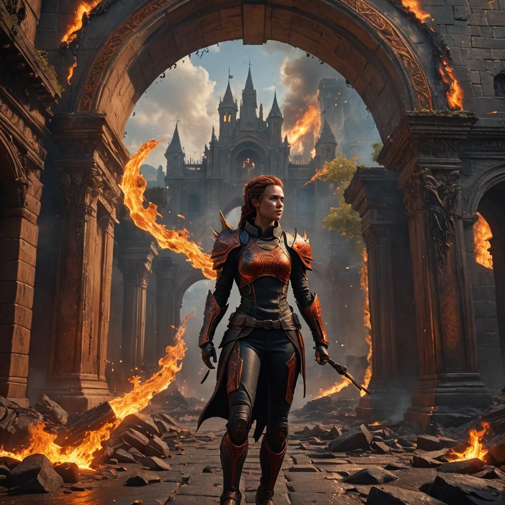 Fiery Girl Under Archway: Fantasy Concept Art