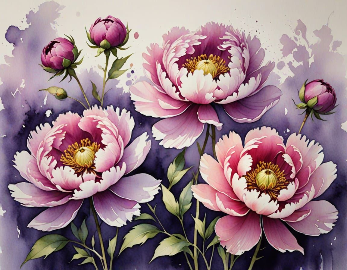 Ethereal Boho Watercolor Peonies in Soft Pink and Lavender
