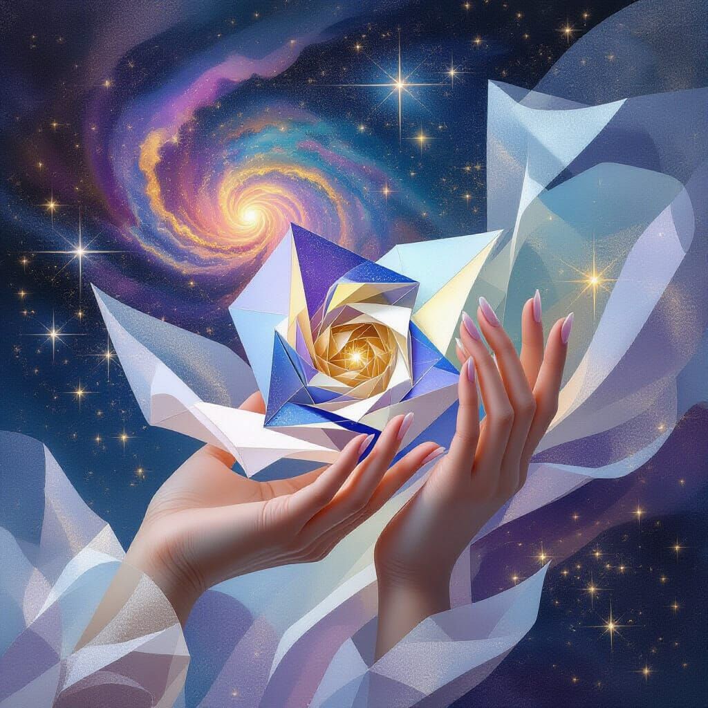 Cosmic Origami: Ethereal Hands Sculpting Galaxies