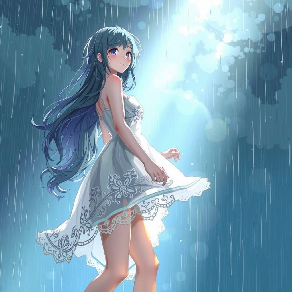 Vibrant Anime Goddess Dances in Rainy Radiance
