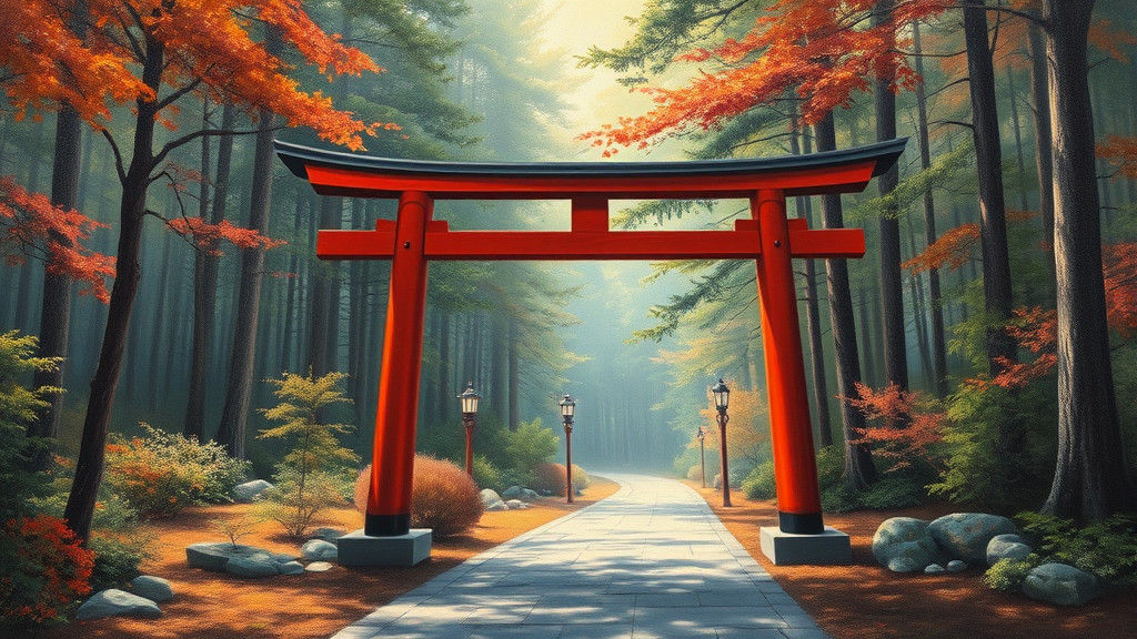 Mystical Japanese Landscape with Torii Gate as Oil Painting