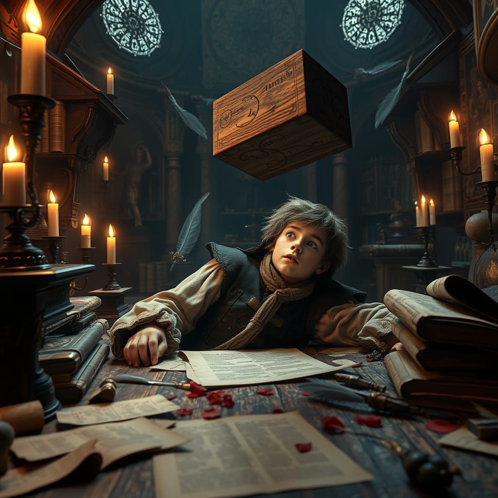 Medieval Apprentice in Mid-Flight Amidst Ancient Tomes and M...