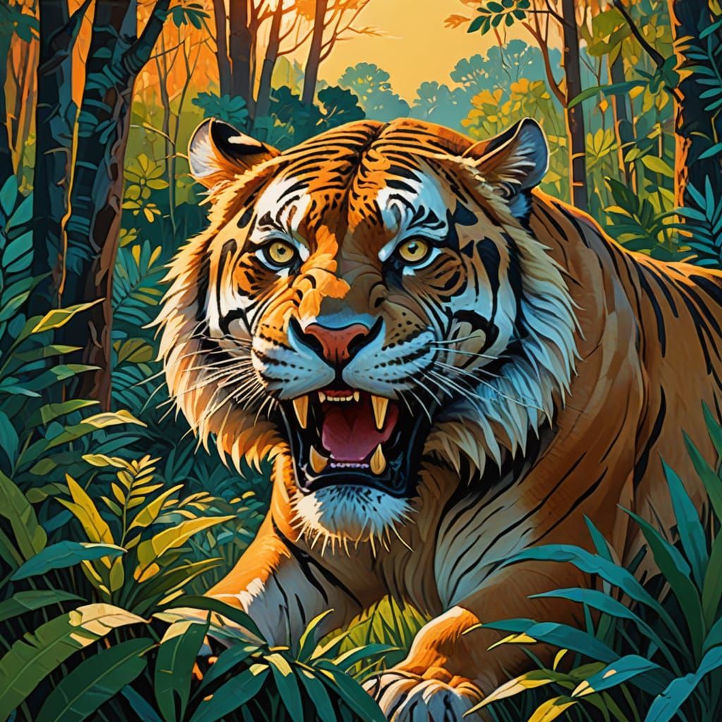 Fierce Sabertooth Tiger in Prehistoric Forest, Vibrant Wildl...