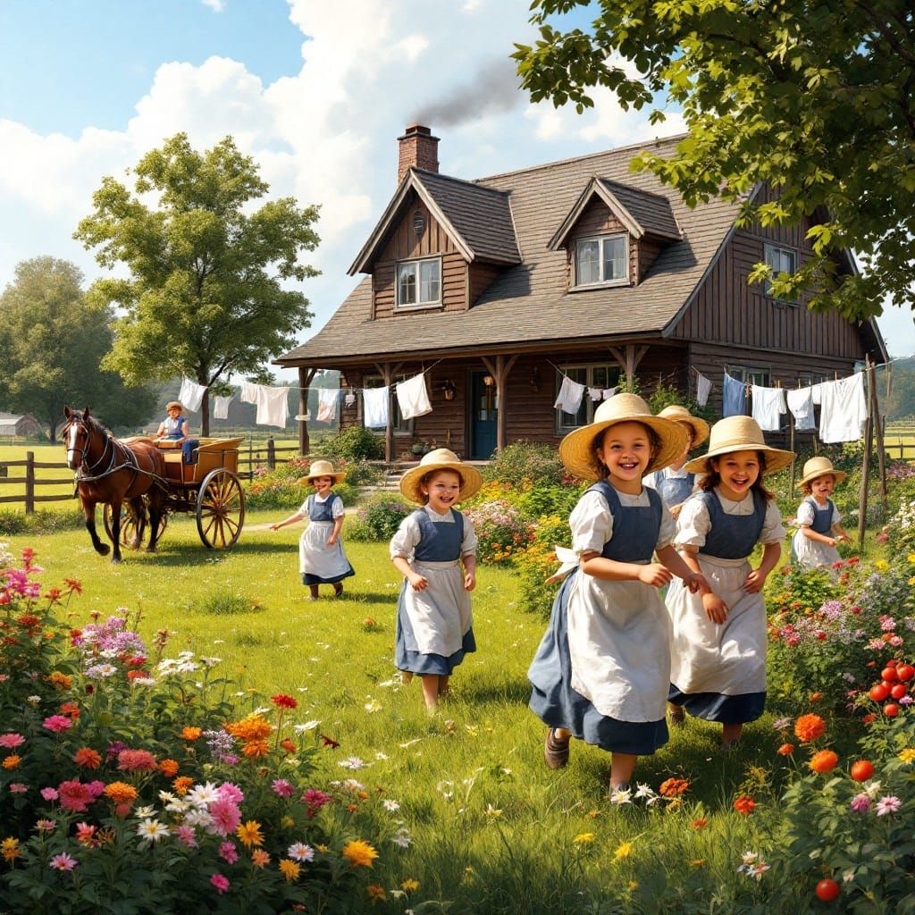 Amish Children at Play in a Vibrant Green Meadow