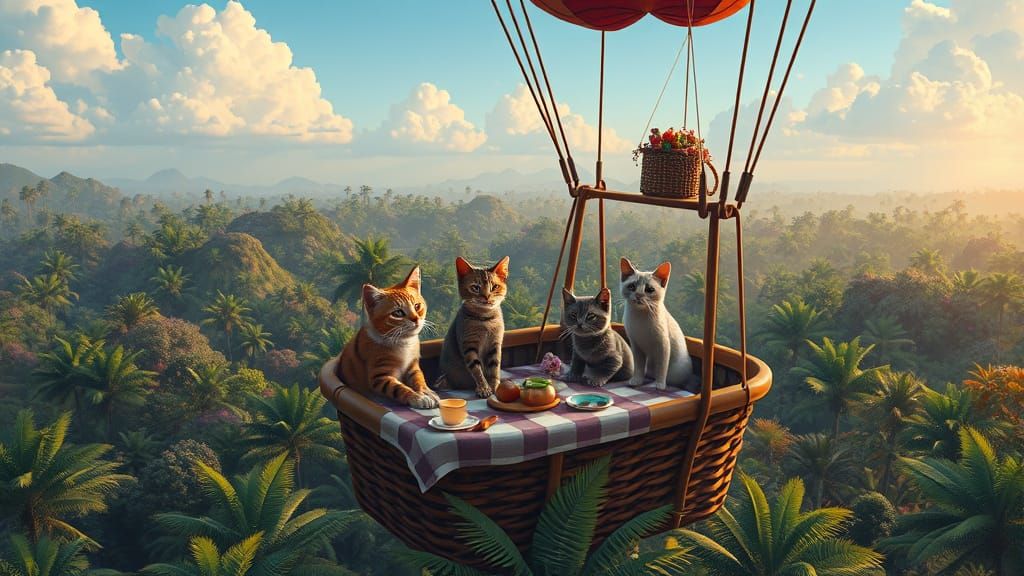 Jungle Cats Picnic in Hot Air Balloon, Comic Art