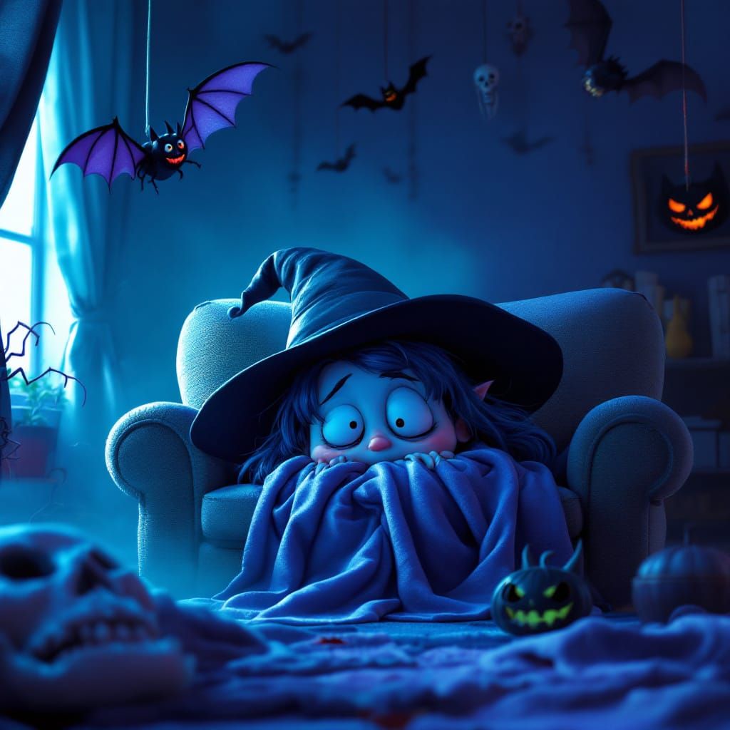 Timid Witch Scared by Halloween Decor in Pixar Style