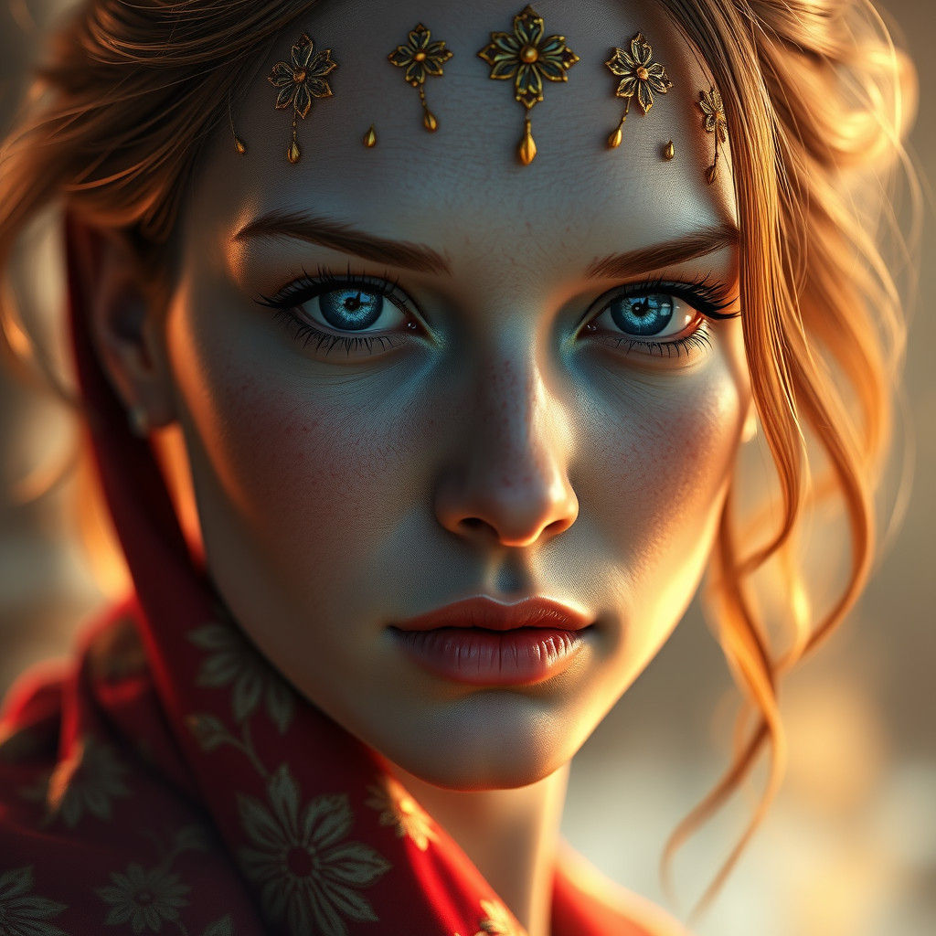 Golden Floral Portrait in Detailed Matte Painting Style