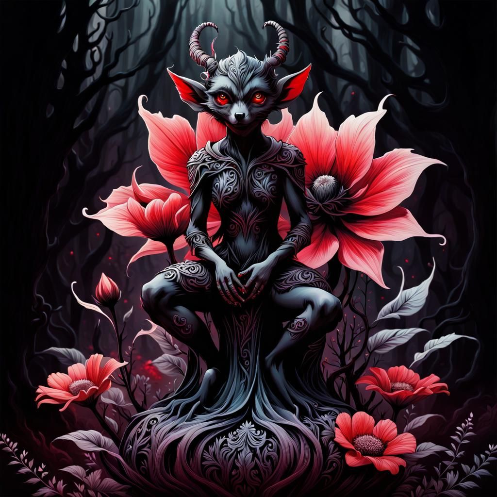 Eerie Imp in Ghostly Wood: Maximalist Ink Art