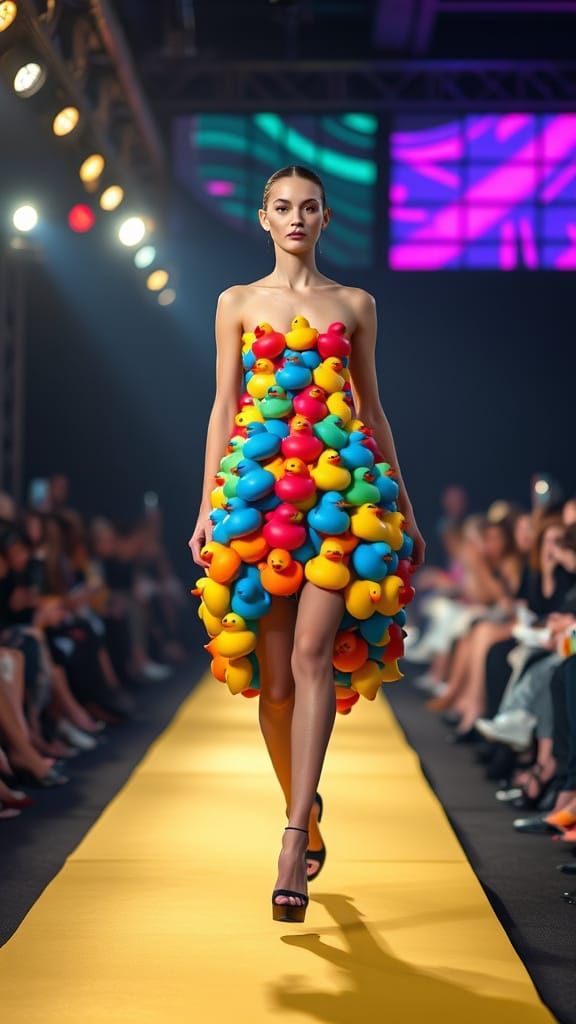 Model Struts Down Runway in Vibrant Rubber Duck Couture