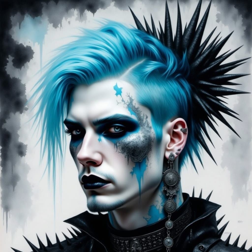 Watercolor Portrait of Blue-Haired Goth Man with Spikes