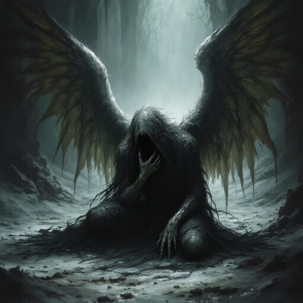 Crying Fallen Angel in Haunted Ancient Darkness