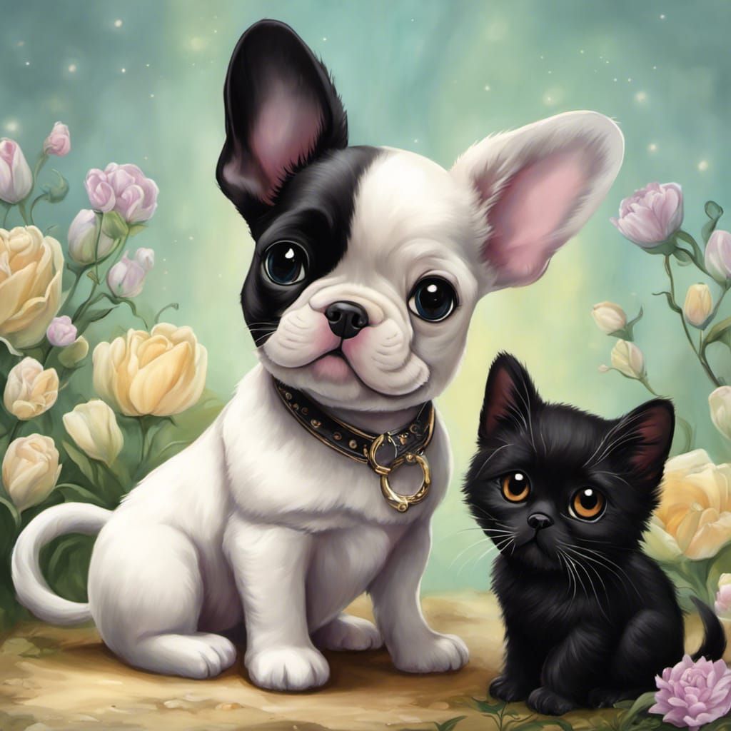 Chibi Frenchie Pup and Kitten: Best Friends