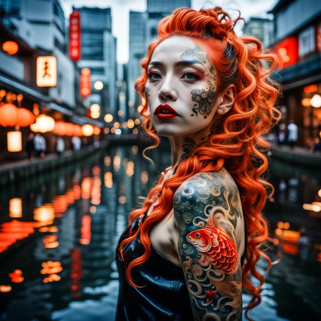 Beautiful Oni Woman on Hibiya Street with Tattoos