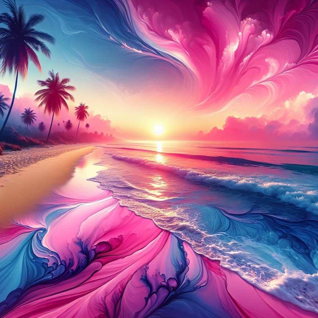 Pink Sunrise Over Ocean with Alcohol Ink Elements
