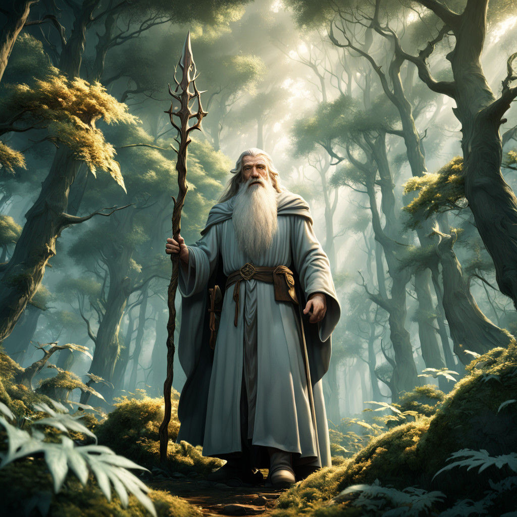 Epic Fantasy Illustration of Gandalf the White in Ancient Fo...