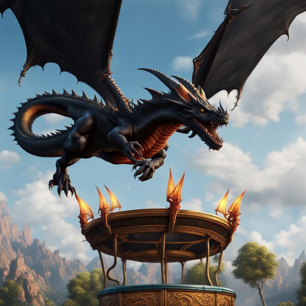 Happy Black Dragon on Trampoline, Detailed Matte Painting