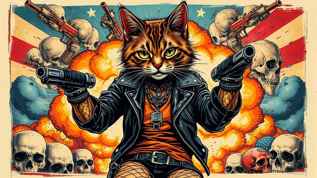 Punk Rock Cat Bounty Hunter in Comic Book Style