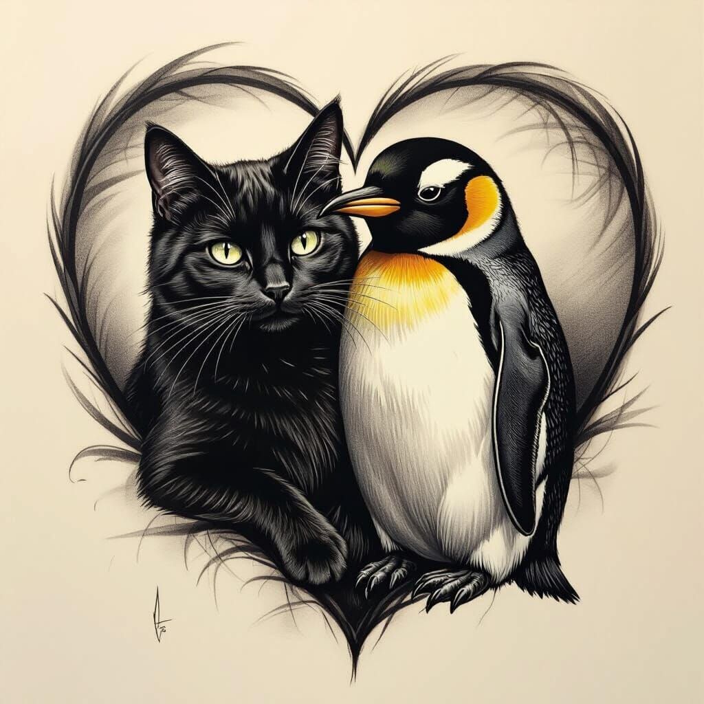 Black Cat and Penguin Heart Tattoo Design