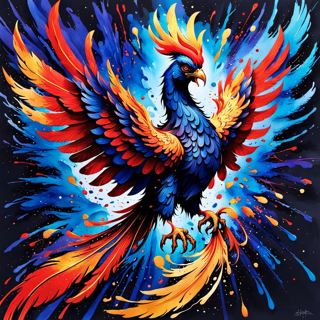 Phoenix Rising: Ink Splatter Art with 3D Shading
