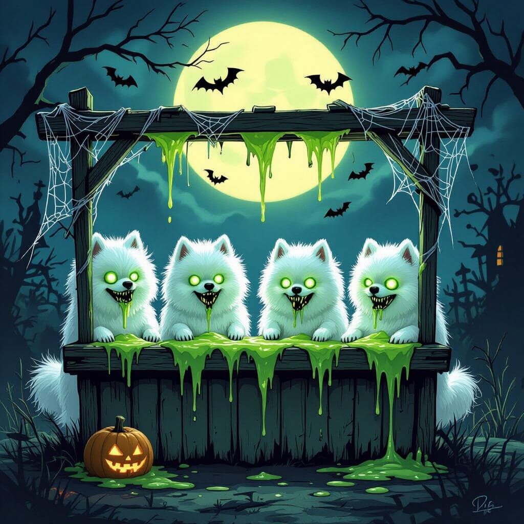 Pomeranian Zombie Slime Stand on Haunted Moonlit Night