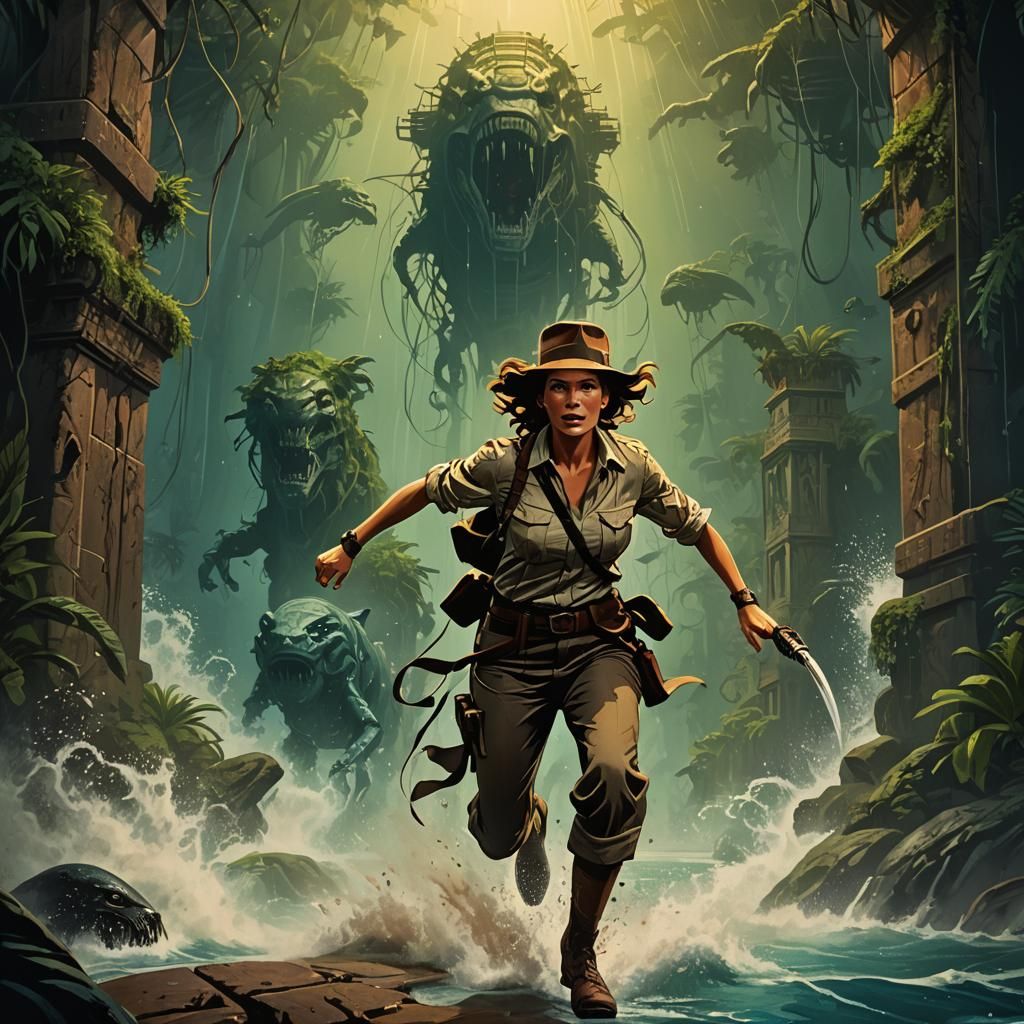 Female Indiana Jones Running from Atlantis: 1970s Art Deco
