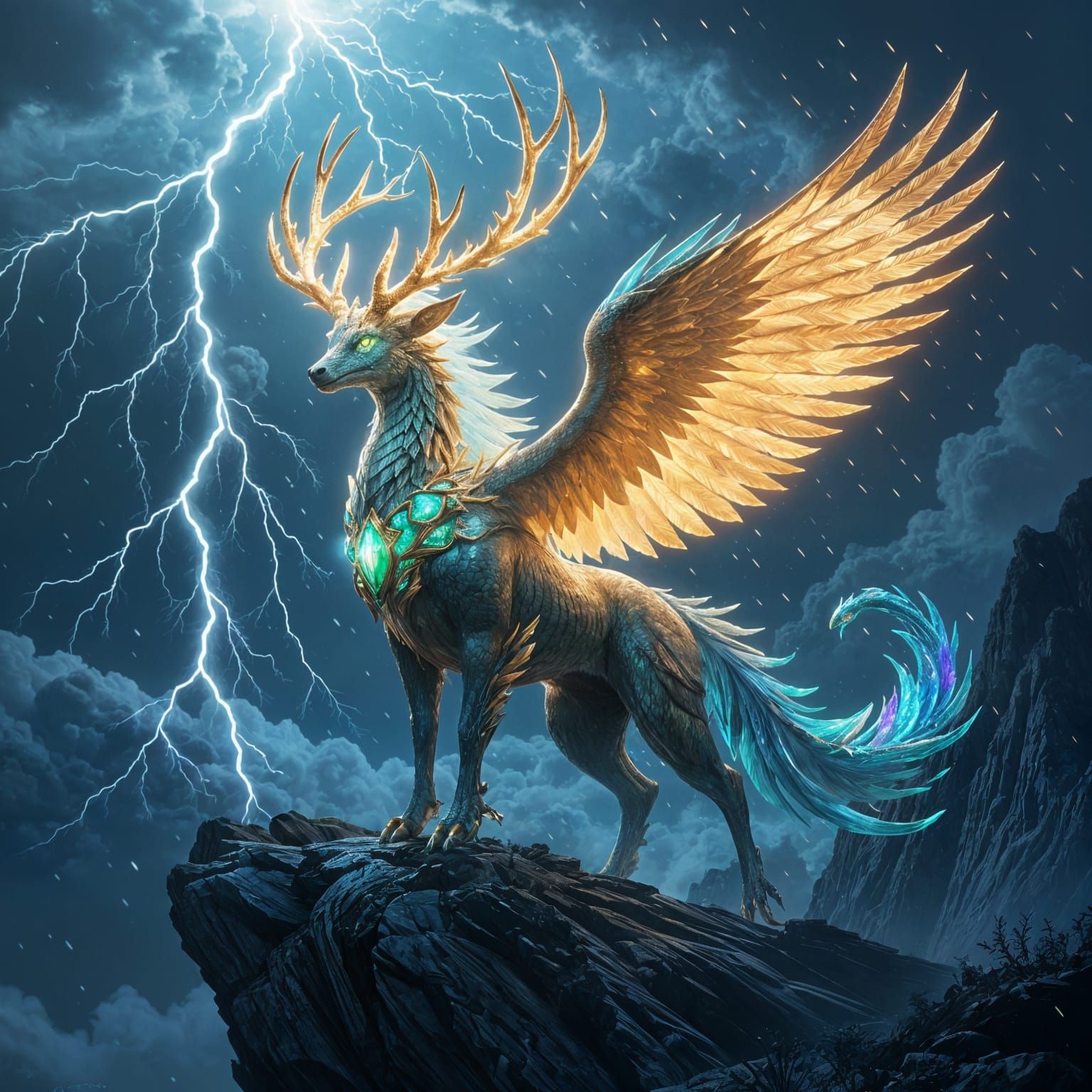 Majestic Mythical Creature on Stormy Cliff