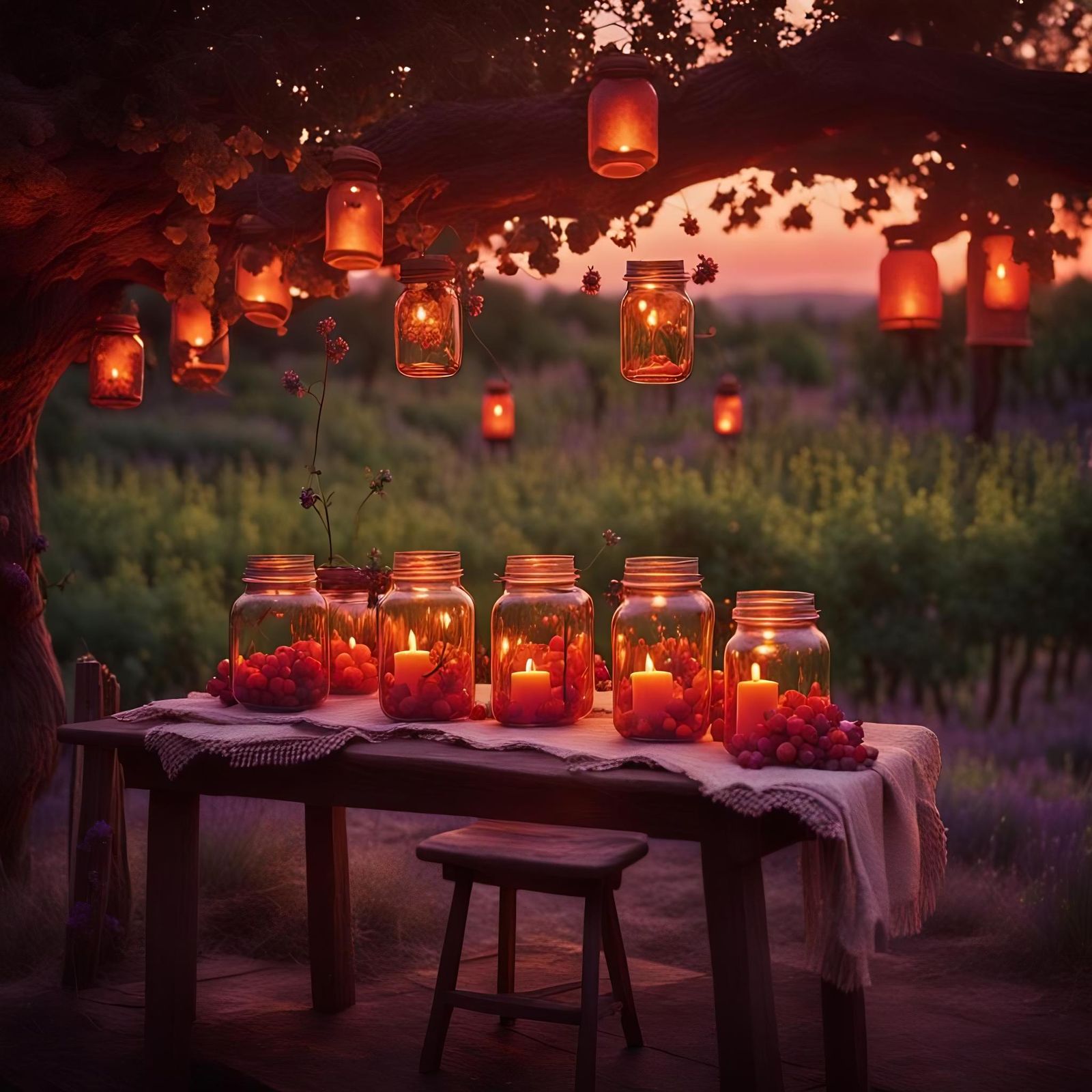 Vineyard at Sunset with Fireflies