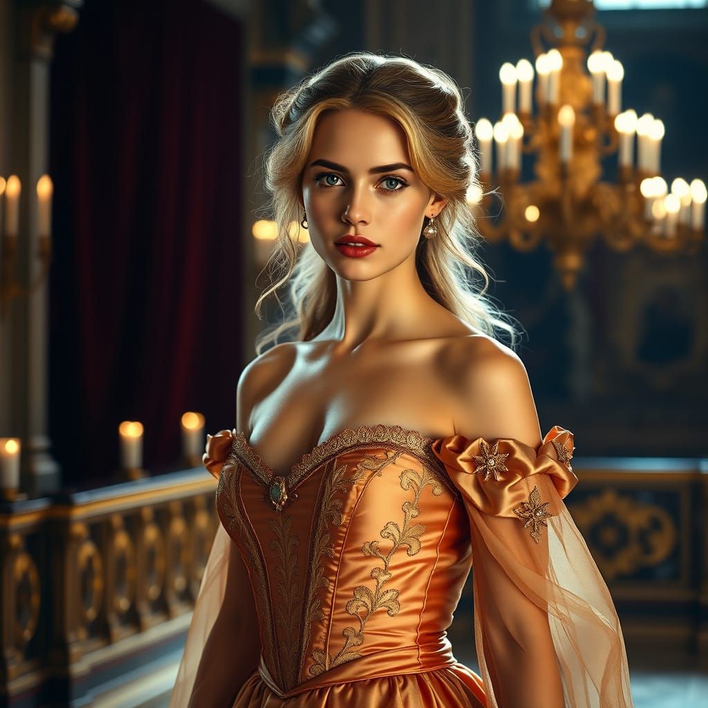 Renaissance Queen in Royal Ballroom, Cinematic Portrait