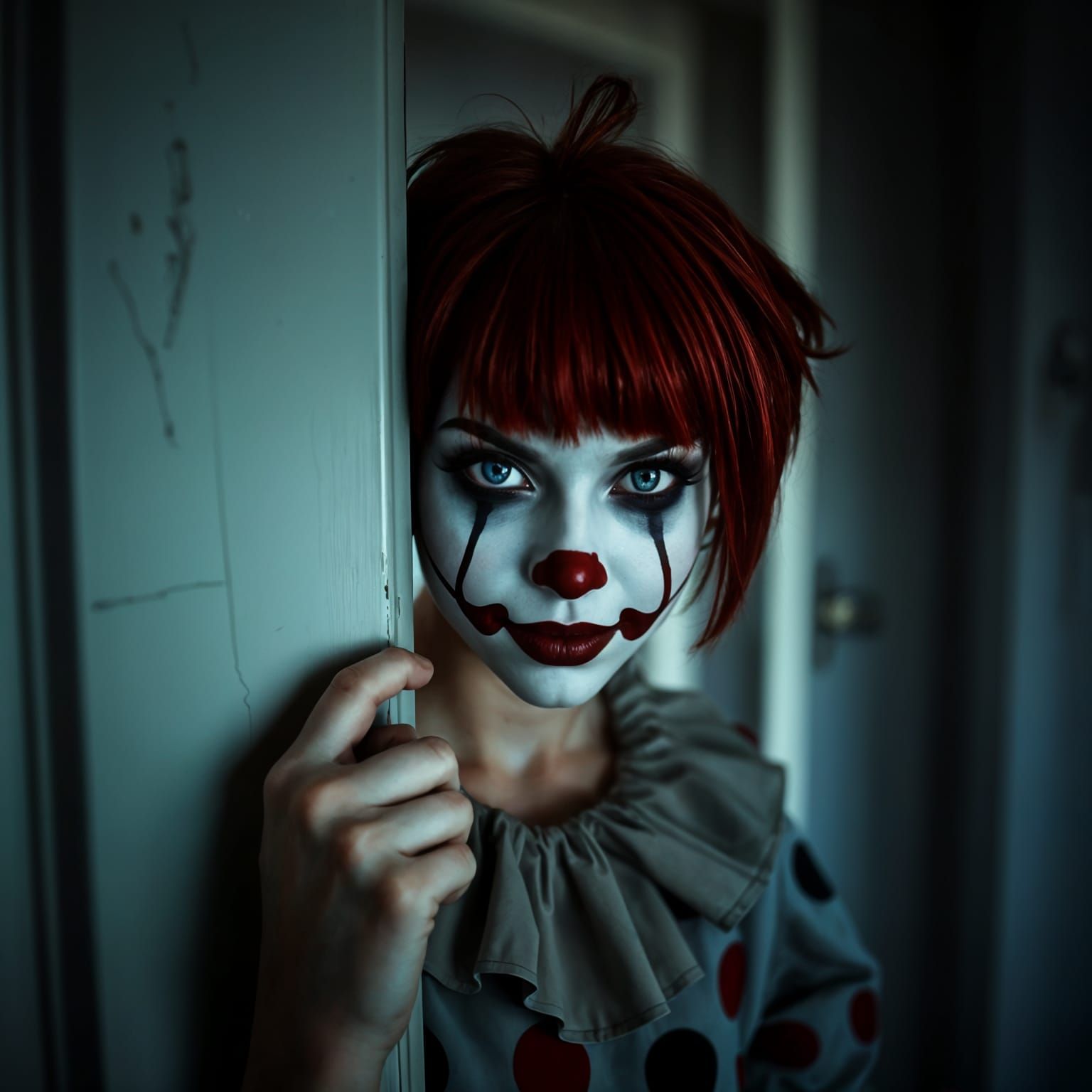 Creepy Clowngirl Hides in Abandoned Dystopian Darkness