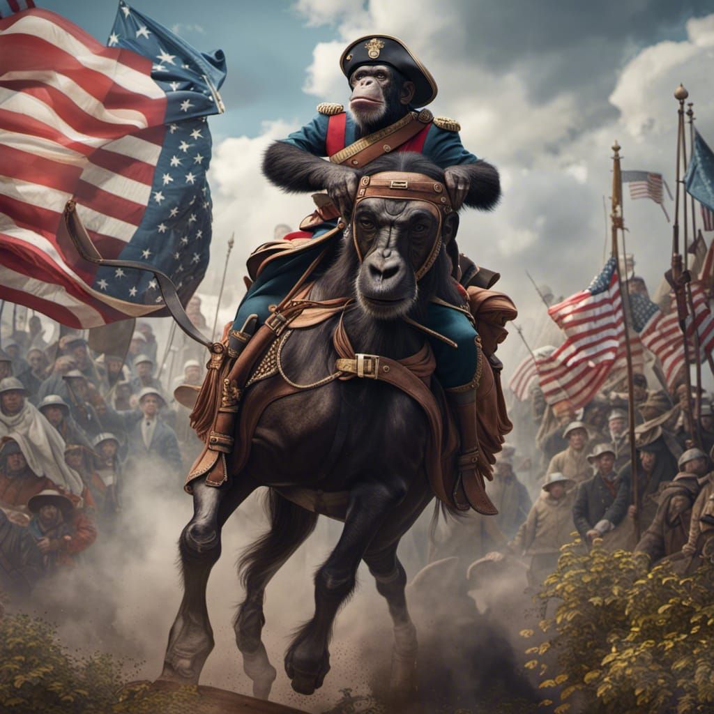 Chimpanzee Revolutionary Soldier on Horse, Detailed Painting