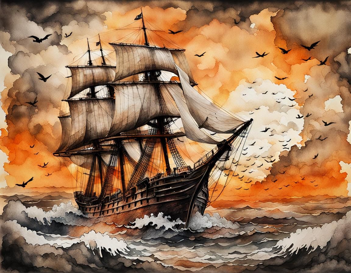 Shipwreck Scene in Ink Wash Style