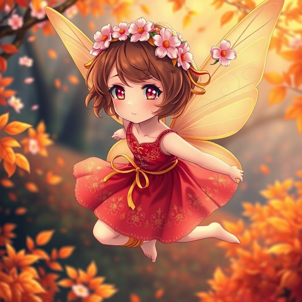 Magical Fairy in Autumn Forest, Anime Style