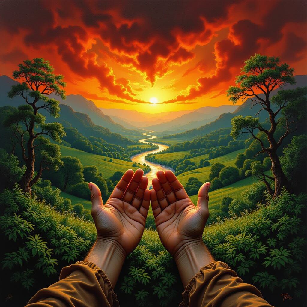 Hands Cradling Life Amidst Hellscape, Dreamlike Art