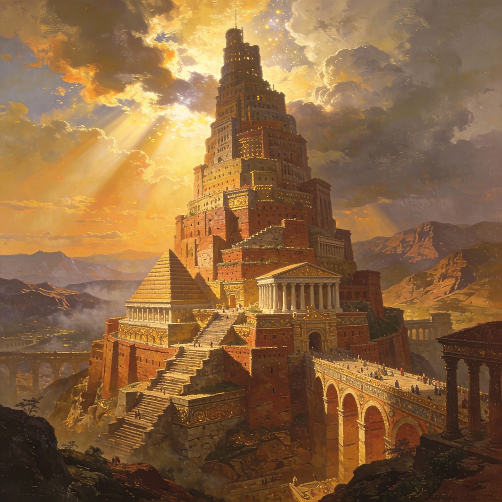 Tower of Babel Reconstructed in Ethereal Sunrise Light