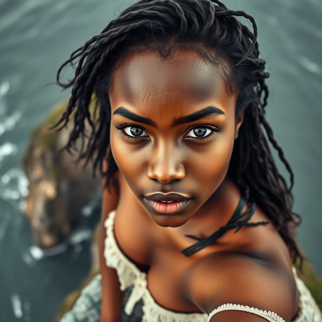 Hyperrealistic African Woman on Cliffs Overlooking Wavy Sea