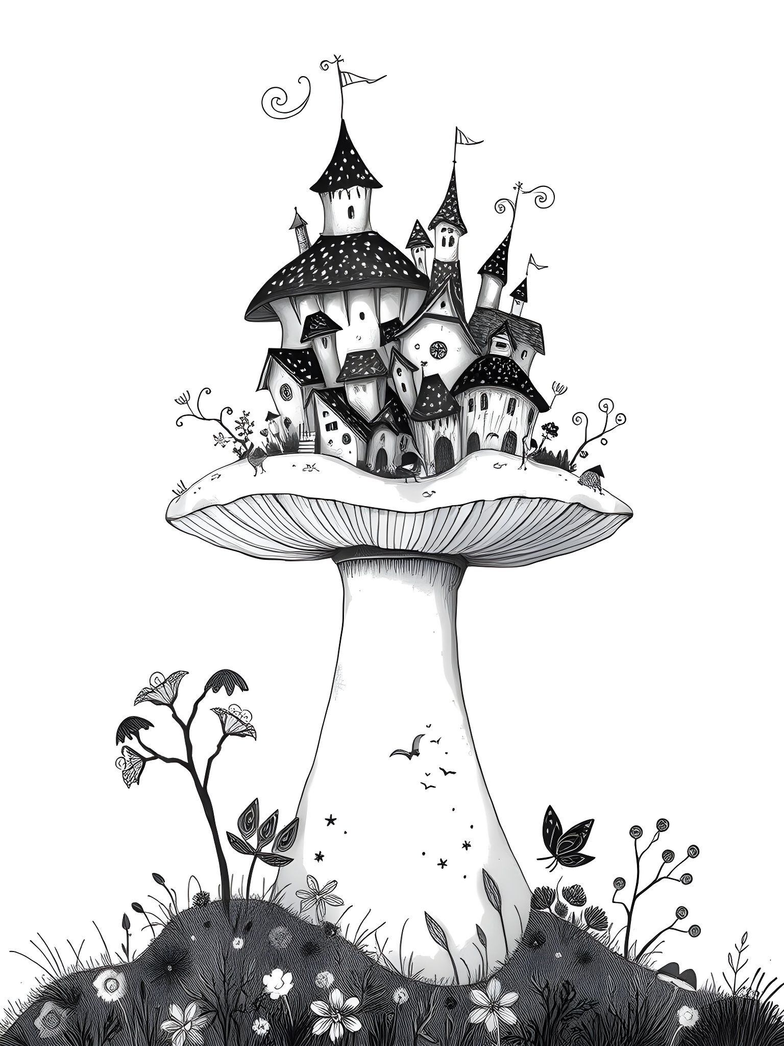 Mushroom Village in Doodle Art Style