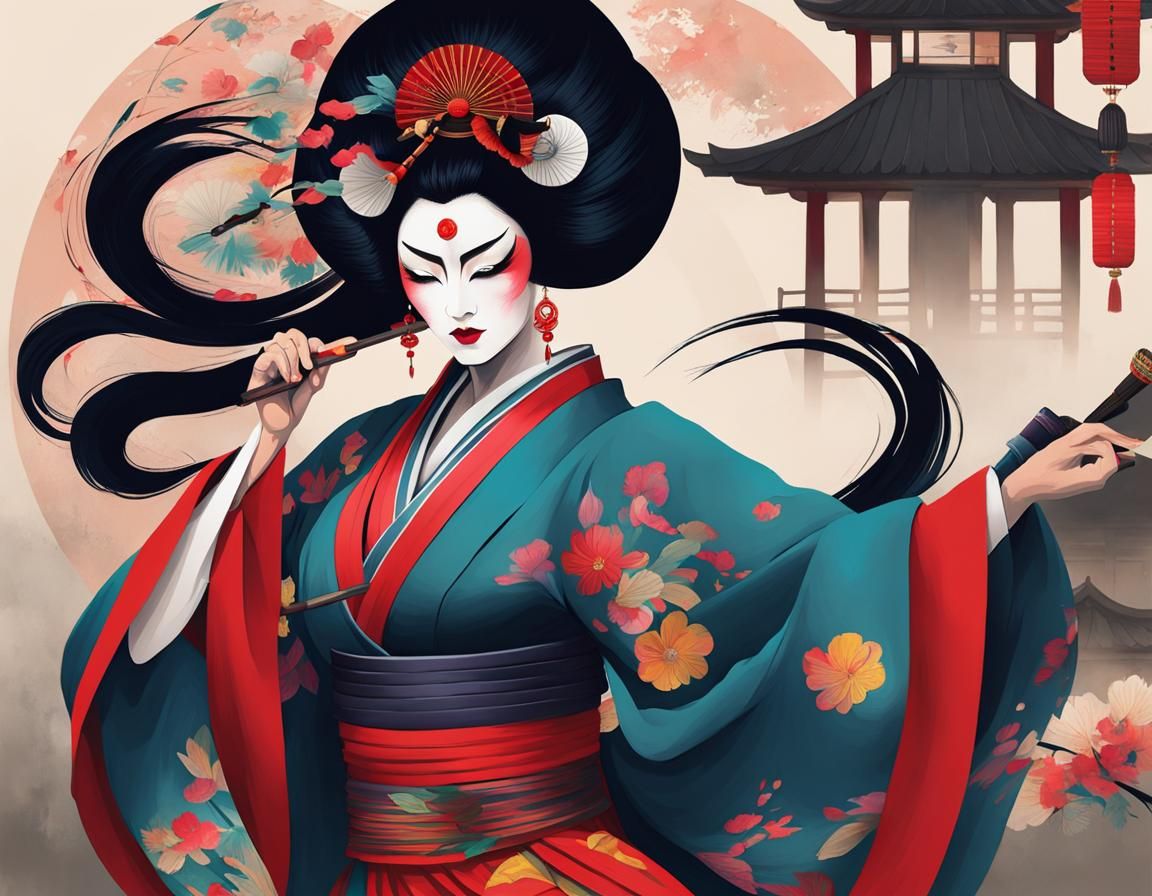 Kabuki Woman Dancing with Fan in Oriental Style