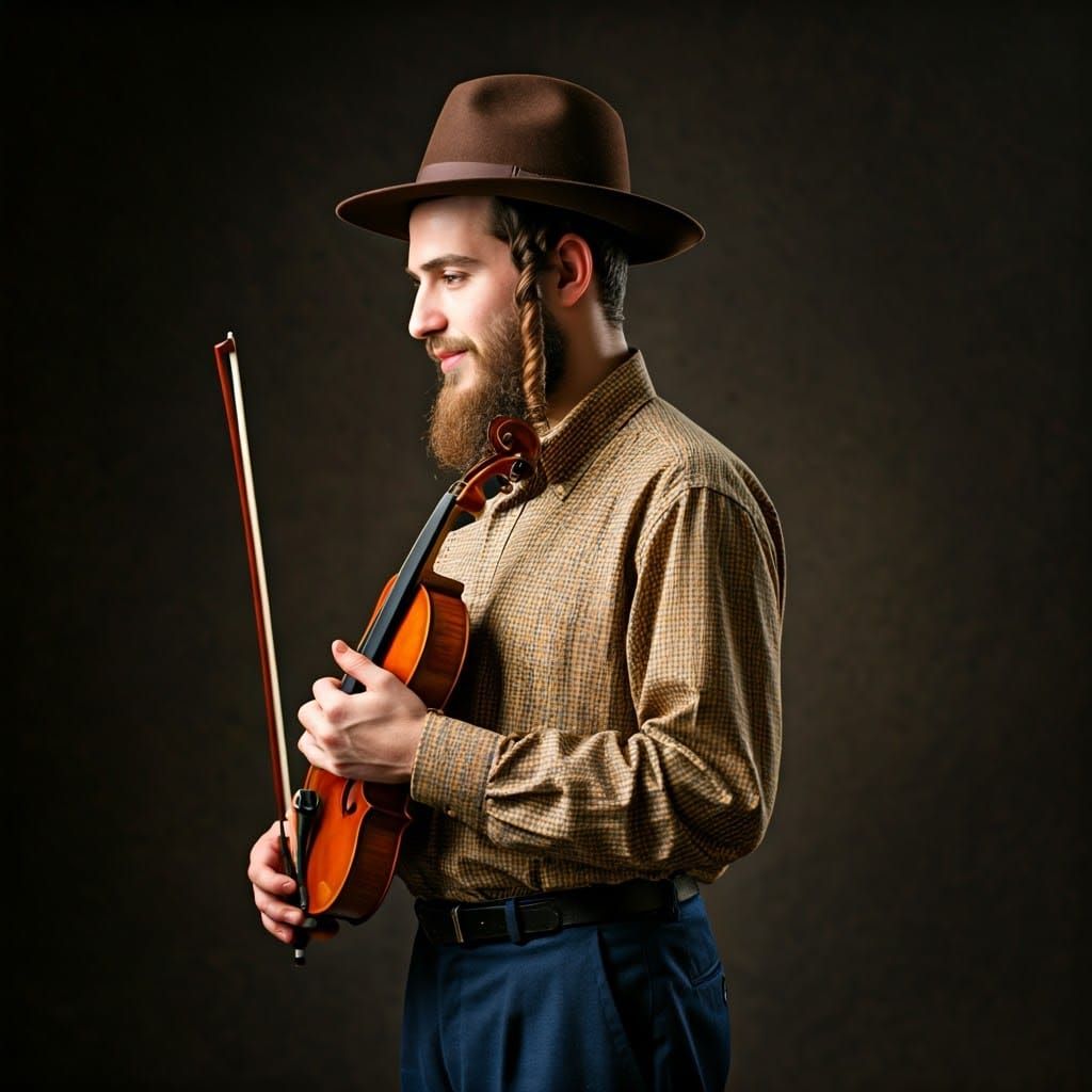 Serene Hasidic Jew Portrait with Violin in Traditional Style