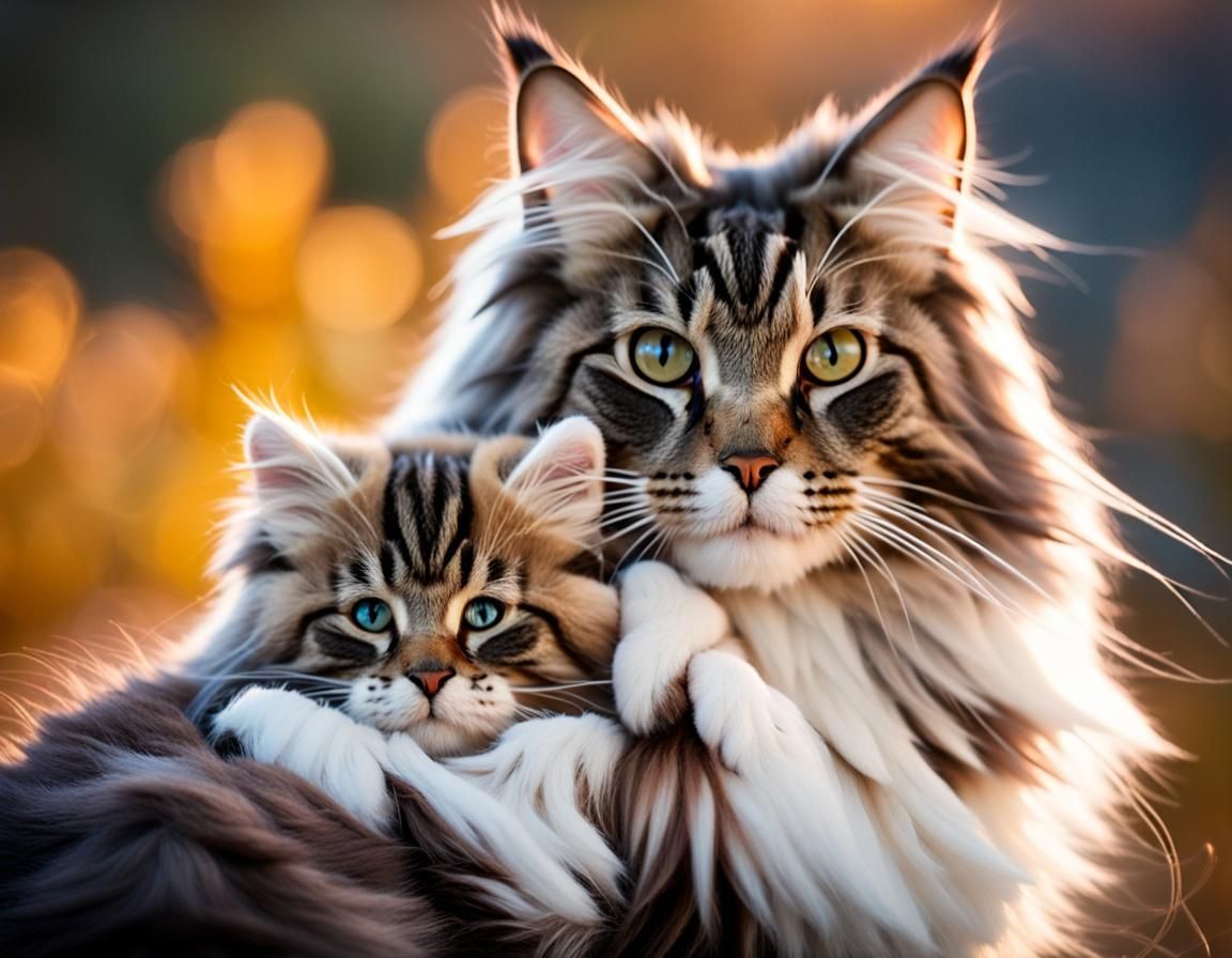 Norwegian Forest Cat and Cub: A Twilight Portrait