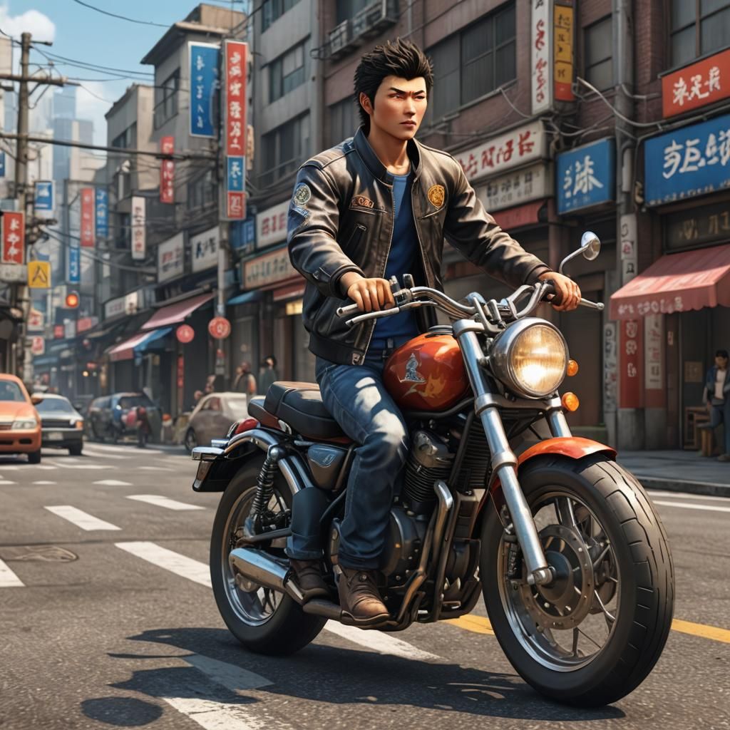 Ryo Hazuki from Shenmue videogame in a motorbike riding by Tokyo