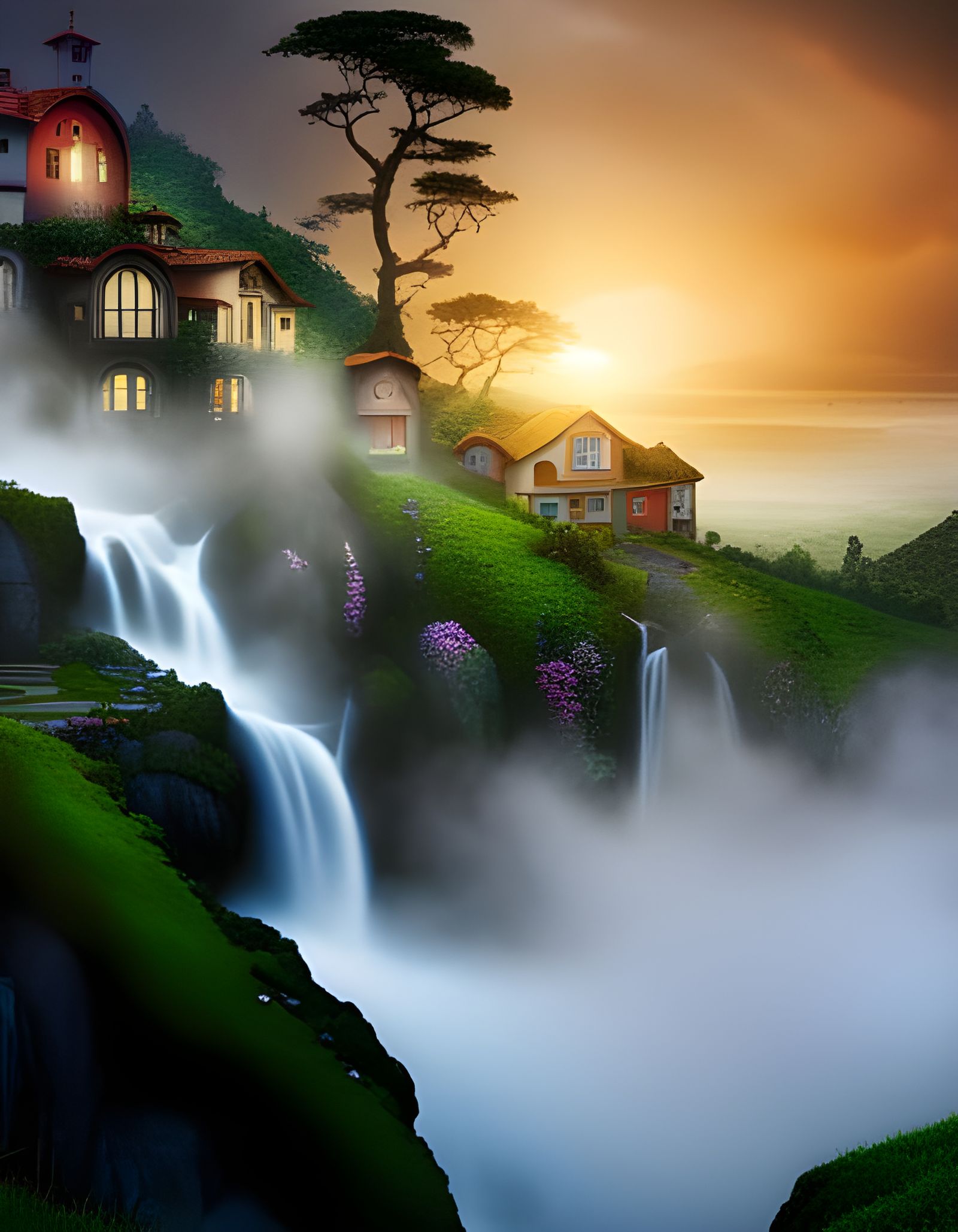 Magical Hobbit Houses in a Misty Rainforest