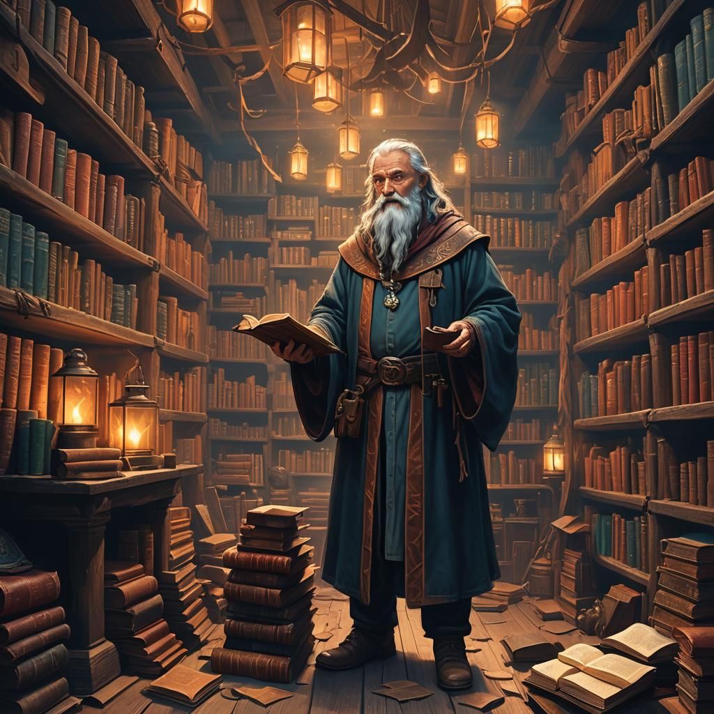 Mystical Wizard Surrounded by Ancient Spell Books