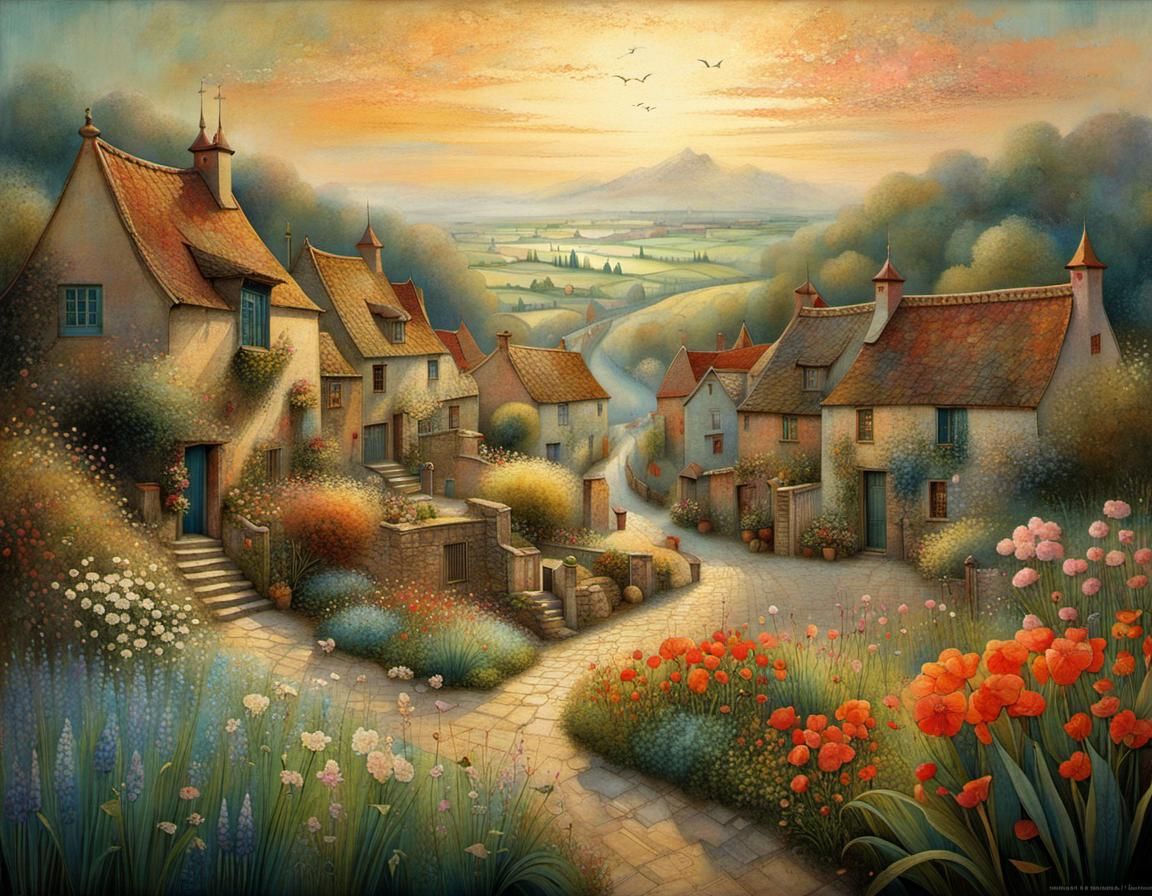 Blooming Village Gardens in Morning Light