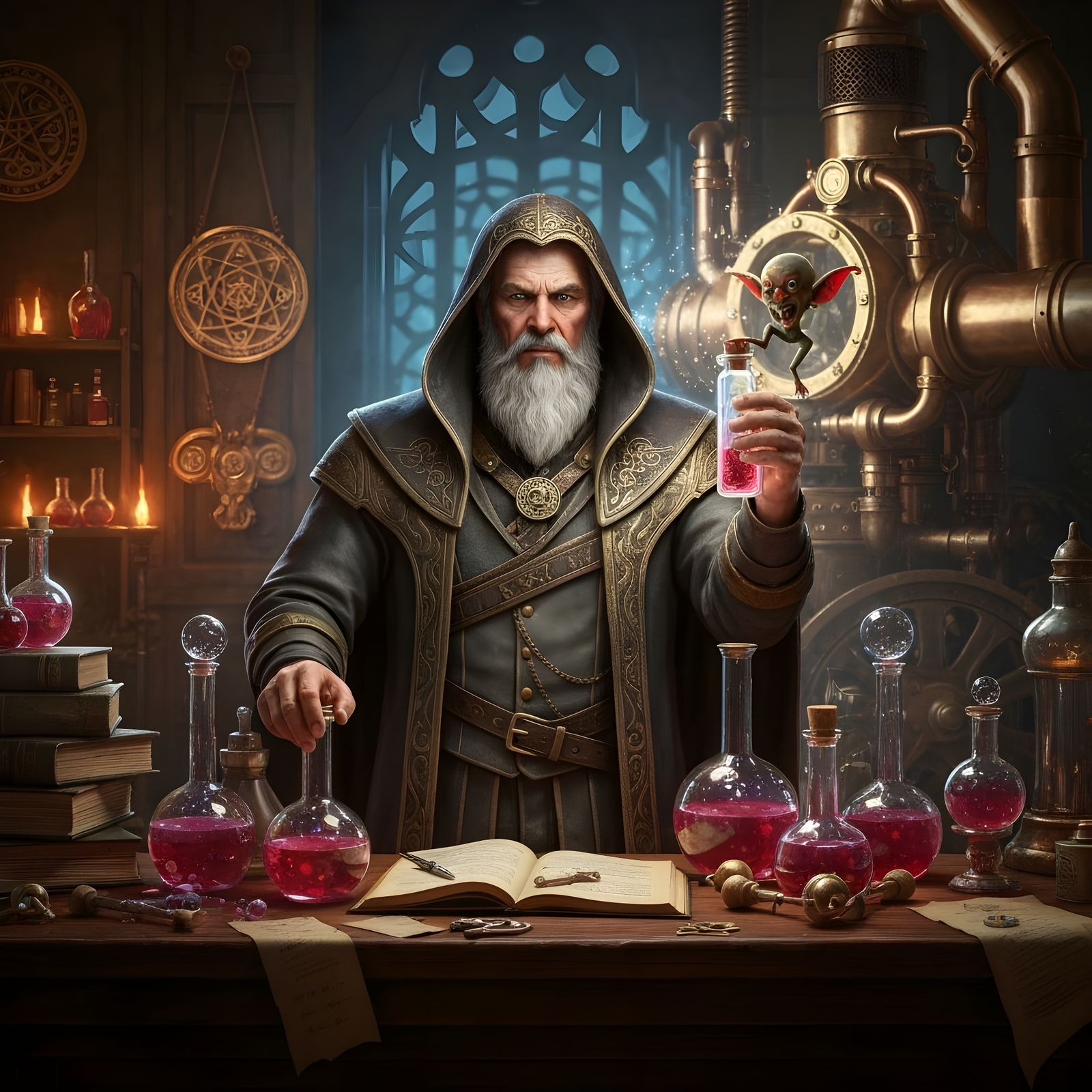 Victorian Wizard Holds Escaping Imp in Steampunk Alchemy Lab