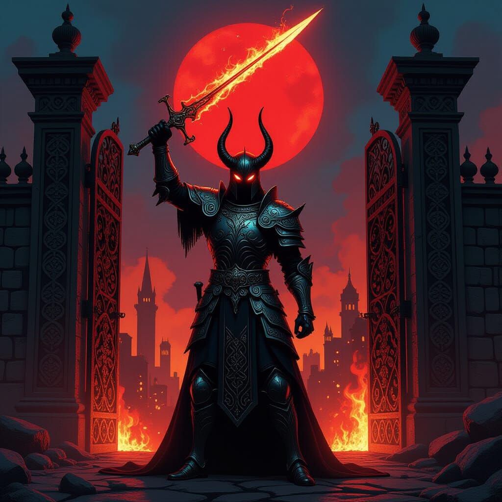 Demonic Celtic Guardian at Hell's Gate in Art Nouveau Style