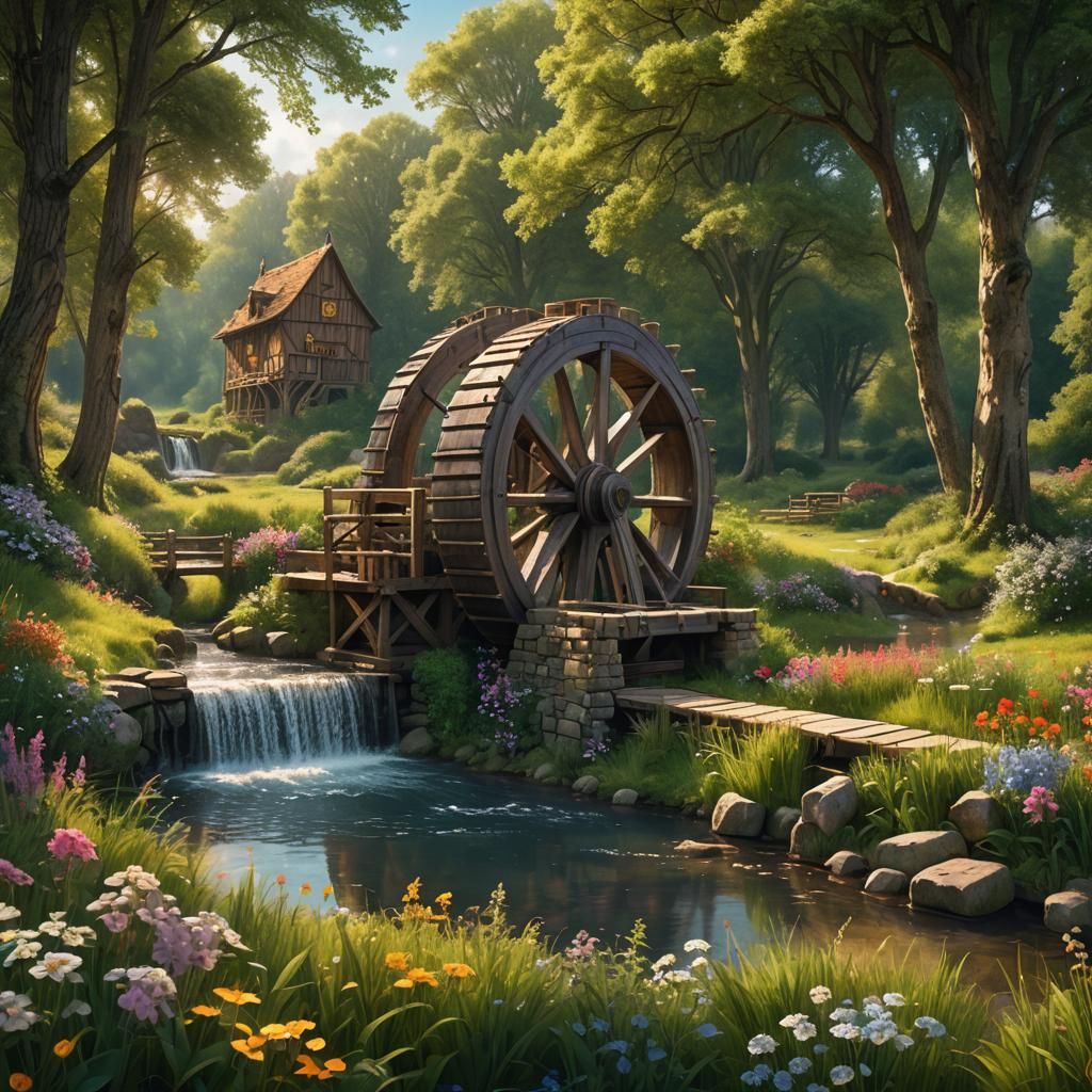 Lush European Countryside with Water Wheel